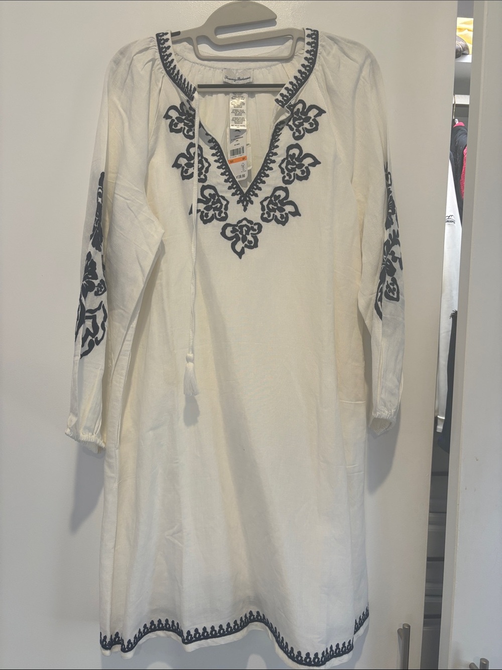 Tommy Bahama White Long-Sleeve Embroidered V-Neck Dress with Navy Trim